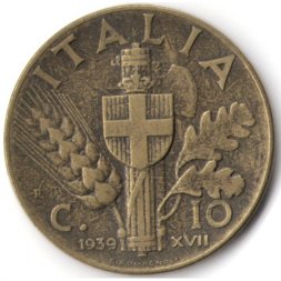 Италия 10 чентезимо 1939 год - Король Виктор Эммануил III (алюминий-бронза)