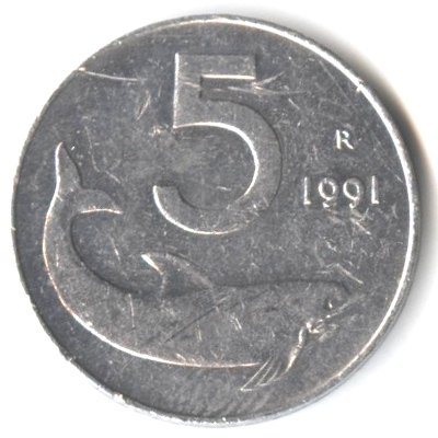 Италия 5 лир 1991 год