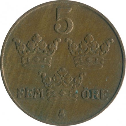 Швеция 5 эре 1936 год - Король Густав V (длинный хвостик)