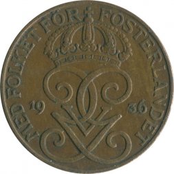 Швеция 5 эре 1936 год - Король Густав V (длинный хвостик)