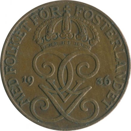 Швеция 5 эре 1936 год - Король Густав V (длинный хвостик)