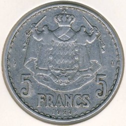 Монета Монако 5 франков 1945 год - Принц Луи II