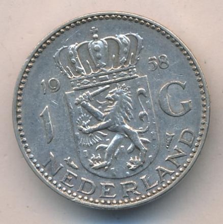 Нидерланды 1 гульден 1958 год - Королева Юлиана