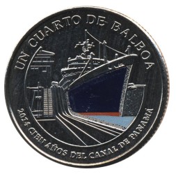 Монета Панама 1/4 бальбоа 2016 год - 100 лет строительству Панамского канала (синий корабль)