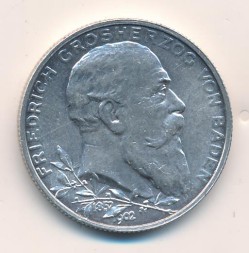 Монета Баден 2 марки 1902 год - 50-летие правления Фридриха I