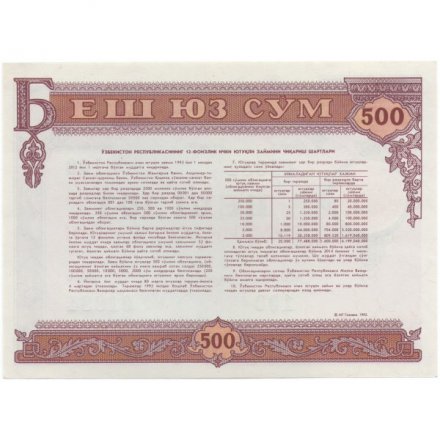 Облигация Узбекистан 500 сум 1992 года - aUNC