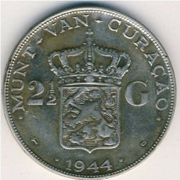 Монета Кюрасао 2 1/2 гульдена 1944 год