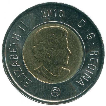 Канада 2 доллара 2010 год (дата над портретом)