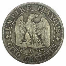 Франция 5 сантимов 1853 год - Отметка монетного двора: "A" - Париж