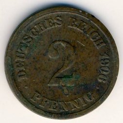 Германия 2 пфеннига 1906 год