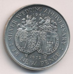 Монета Гибралтар 25 новых пенсов 1972 год - Свадьба Королевы Елизаветы II и Принца Филиппа