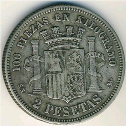 Испания 2 песеты 1869 год