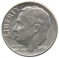 США 1 дайм (10 центов) 1958 год - Франклин Рузвельт (без отметки МД)