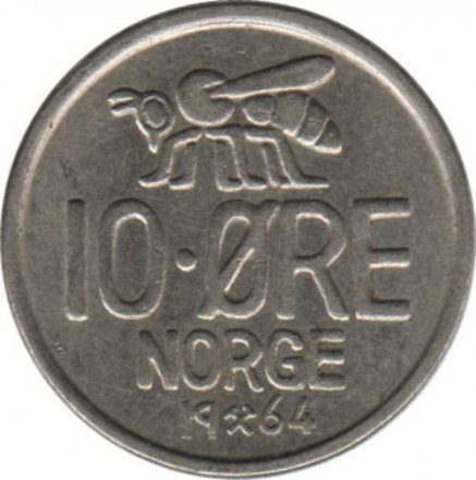 Норвегия 10 эре 1964 год - Король Улаф V. Пчела