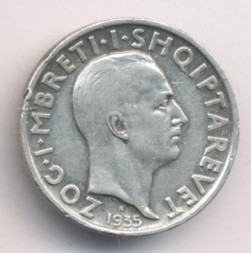 Монета Албания 1 франг ар 1935 год