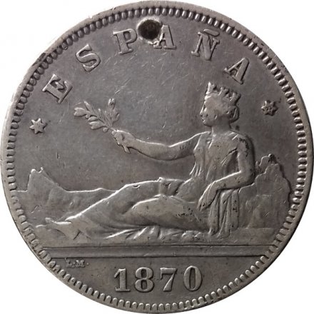 Испания 2 песеты 1870 год (18 и 73 внутри звёзд)