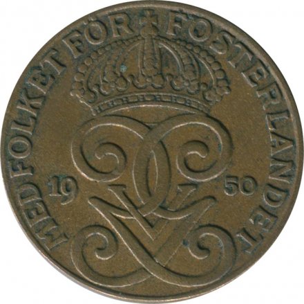 Швеция 2 эре 1950 год - Король Густав V (бронза)
