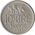 Норвегия 10 эре 1966 год - Король Улаф V. Пчела