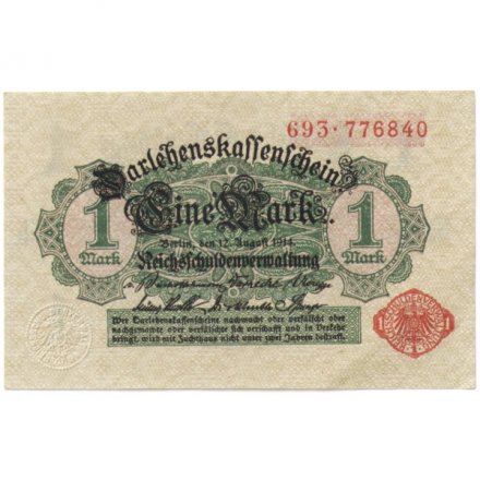 Германия 1 марка 1914 год - красная печать - XF+