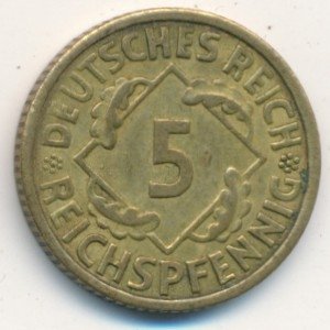 Веймарская республика 5 рейхспфеннигов 1924 год (A)