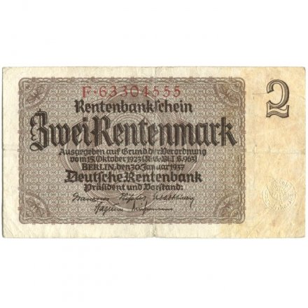 Германия 2 рентмарки 1937 год - F+