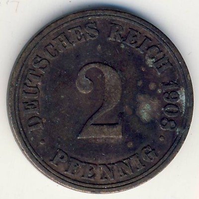 Германия 2 пфеннига 1908 год (A)
