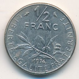 Франция 1/2 франка 1974 год