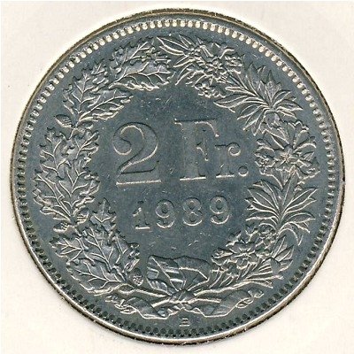 Швейцария 2 франка 1989 год