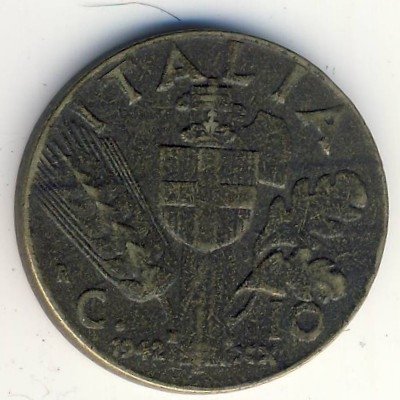 Италия 10 чентезимо 1942 год - Король Виктор Эммануил III
