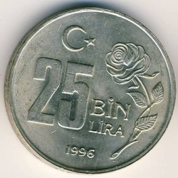 Монета Турция 25000 лир 1996 год