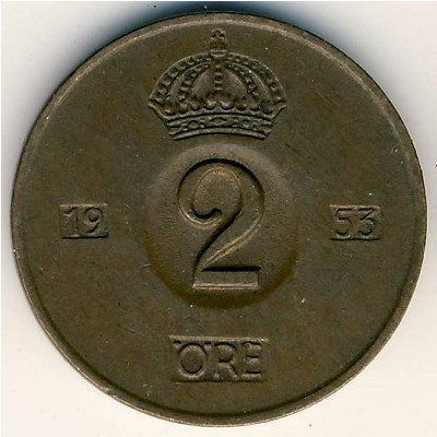 Швеция 2 эре 1953 год - Король Густав VI Адольф