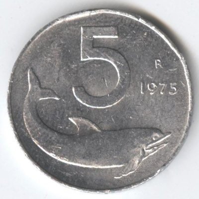 Италия 5 лир 1975 год Дельфин