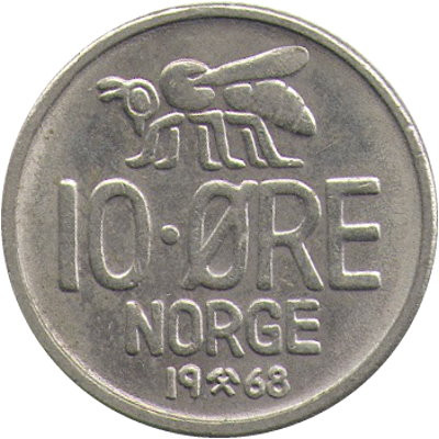 Норвегия 10 эре 1968 год - Король Улаф V. Пчела