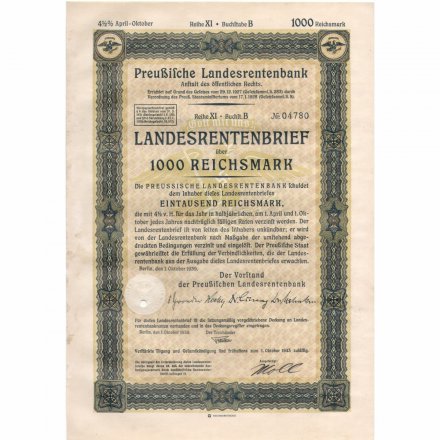 Облигация госзайма Германии (III рейх) 1000 рейхсмарок 1939 год VF
