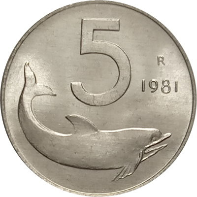 Италия 5 лир 1981 год - Дельфин UNC