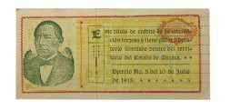 Мексика 1 песо 1915 год - Генеральный казначей штата Оахаса - серия D - бумага с горизонтальными линиями - АU
