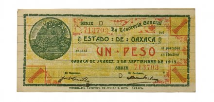 Мексика 1 песо 1915 год - Генеральный казначей штата Оахаса - серия D - бумага с горизонтальными линиями - АU