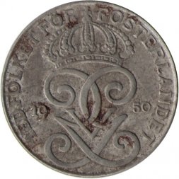 Швеция 2 эре 1950 год - Король Густав V (железо)