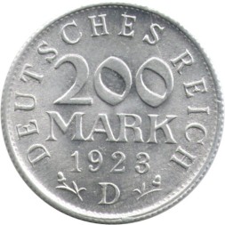 Монета Веймарская республика 200 марок 1923 год (D)