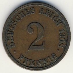 Германия 2 пфеннига 1908 год (J)