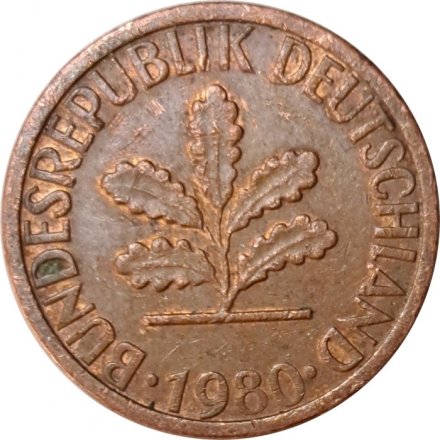 ФРГ 1 пфенниг 1980 год (D)