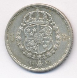 Монета Швеция 1 крона 1950 год - Король Густав V