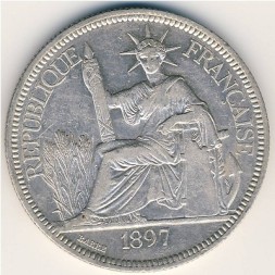 Монета Французский Индокитай 1 пиастр 1897 год