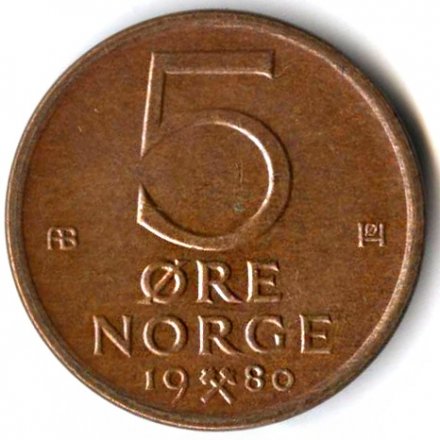 Норвегия 5 эре 1980 год (Отметка монетного двора: &quot;AB&quot;)