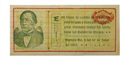 Мексика 1 песо 1915 год - Генеральный казначей штата Оахаса - серия D - бумага с горизонтальными линиями - ХF+
