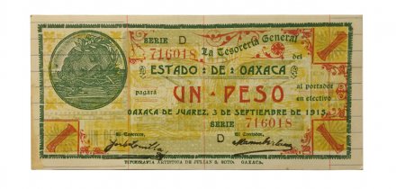 Мексика 1 песо 1915 год - Генеральный казначей штата Оахаса - серия D - бумага с горизонтальными линиями - ХF+