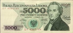 Польша 5000 злотых 1982 год - Фредерик Франсуа Шопен - XF