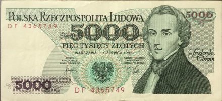 Польша 5000 злотых 1982 год - Фредерик Франсуа Шопен - XF