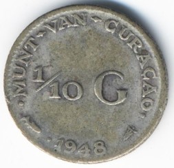 Монета Кюрасао 1/10 гульдена 1948 год - Королева Вильгельмина