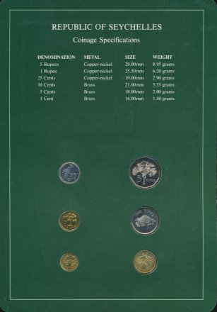Набор из 6 монет Сейшельских островов 1990-1994 годов (в буклете, с маркой)